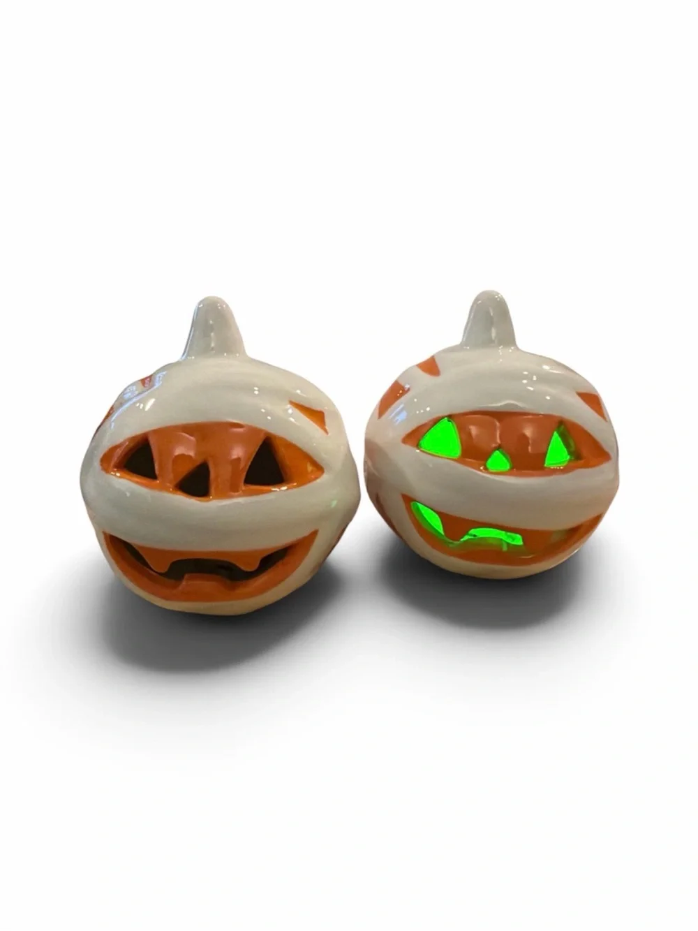 White and Orange Ceramic. Mummy  Pumpkin Lantern Pair with Green LED light